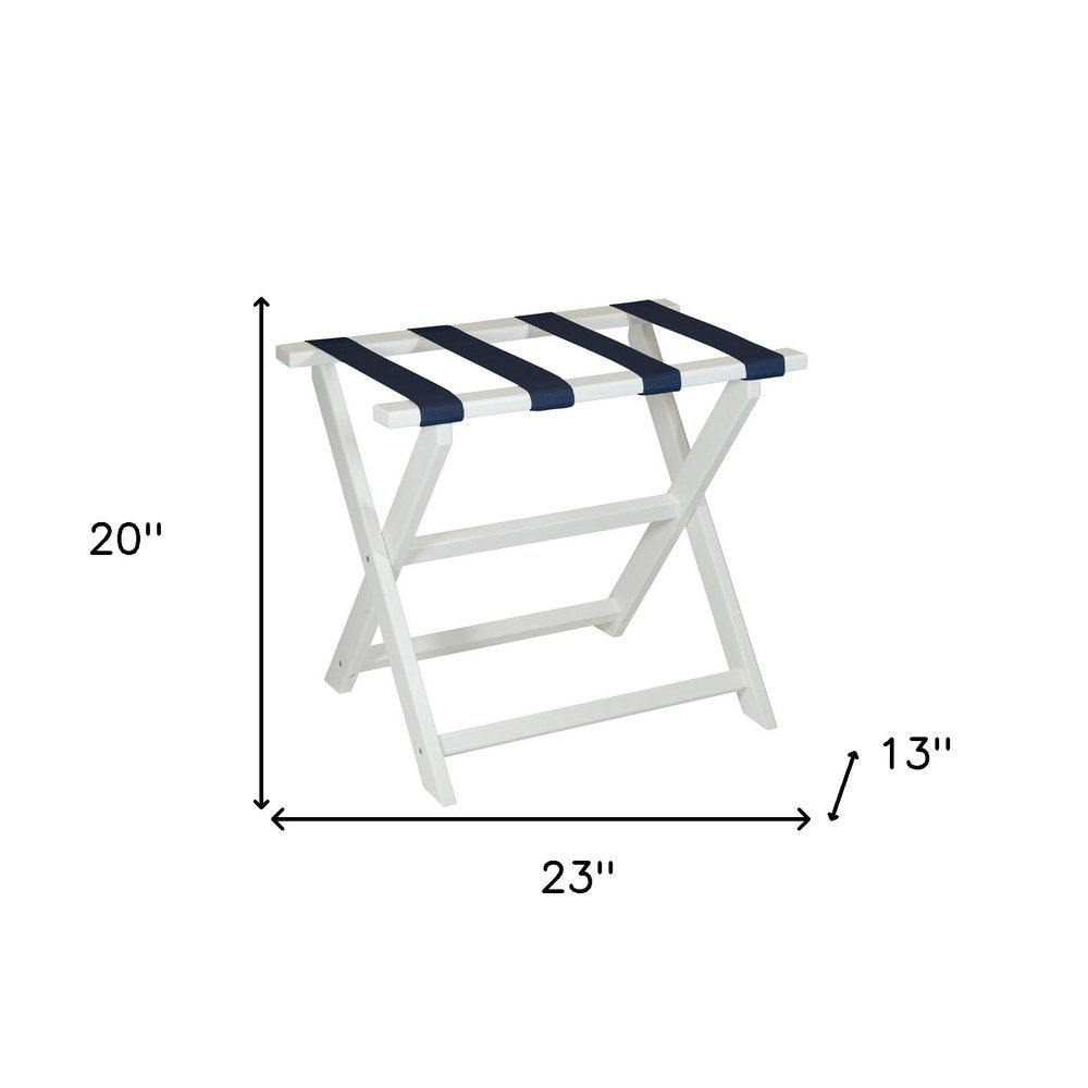 Earth Friendly White Folding Luggage Rack With Navy Straps on a white background