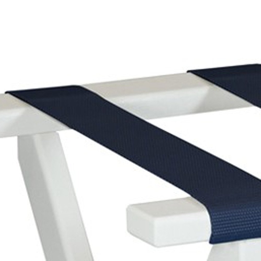 Earth Friendly White Folding Luggage Rack With Navy Straps on a white background