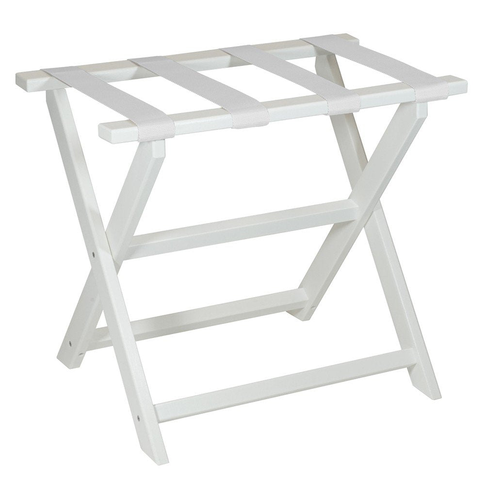 White folding luggage rack made of wood with white fabric straps, shown against a white background.