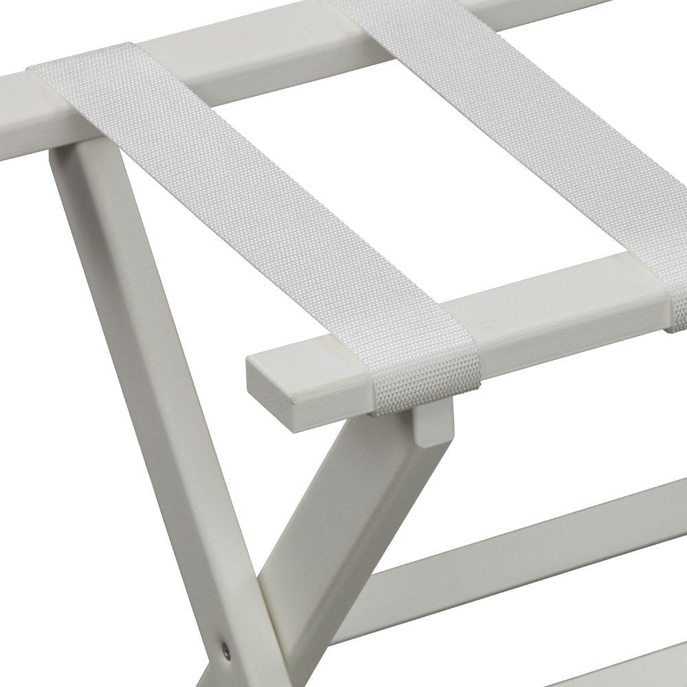 Earth Friendly White Folding Luggage Rack With White Straps on a white background
