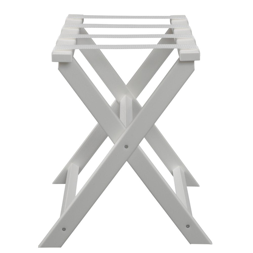Earth Friendly White Folding Luggage Rack With White Straps on a white background