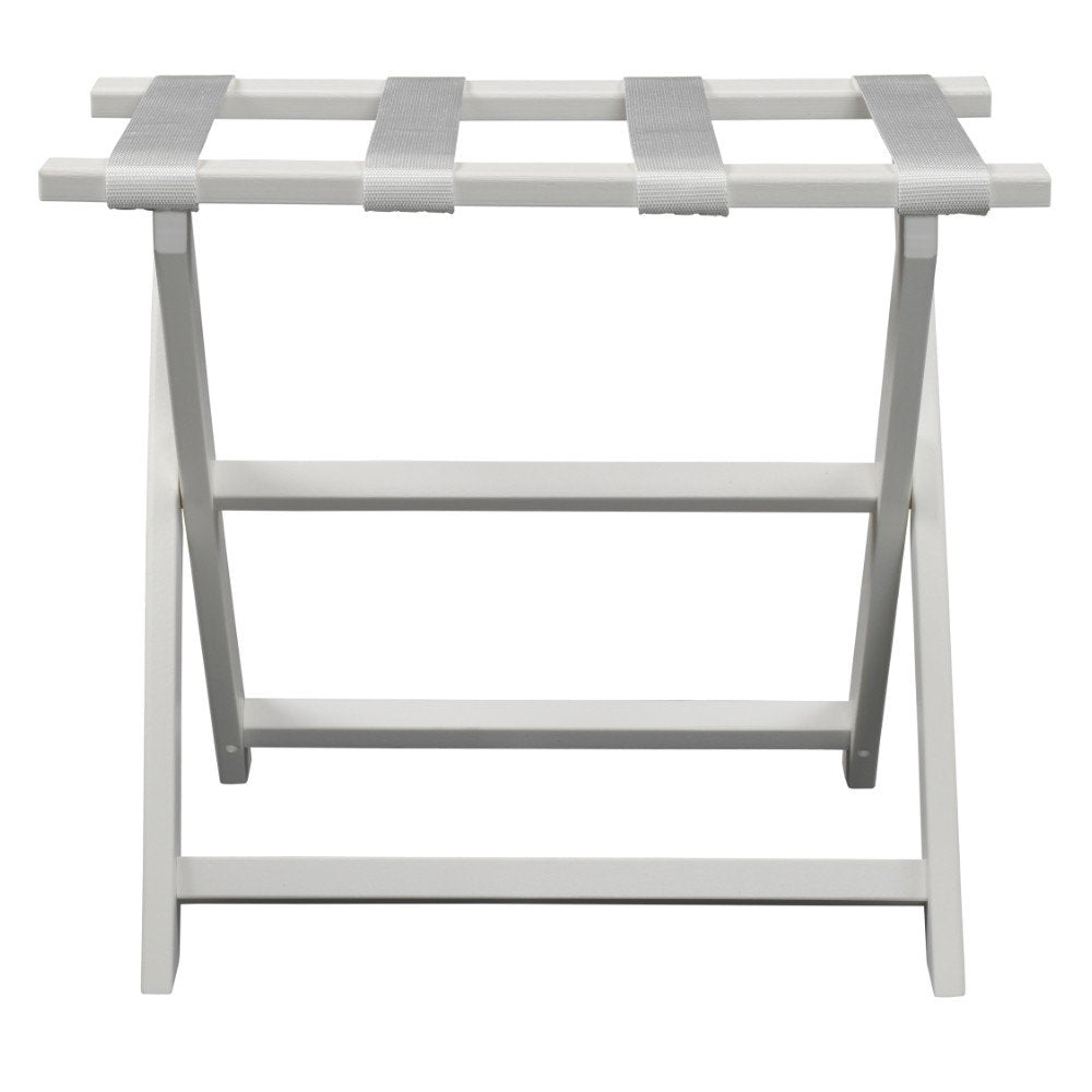 Earth Friendly White Folding Luggage Rack With White Straps on a white background
