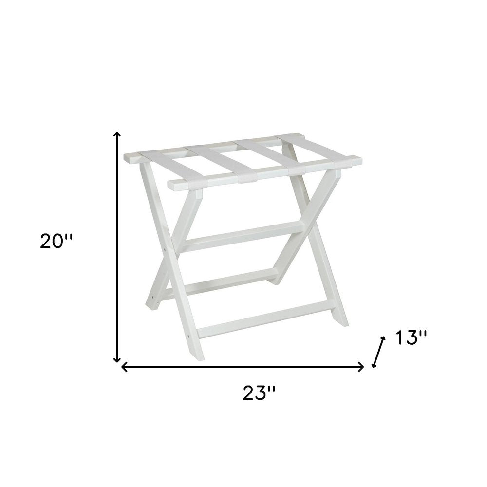 Earth Friendly White Folding Luggage Rack With White Straps on a white background