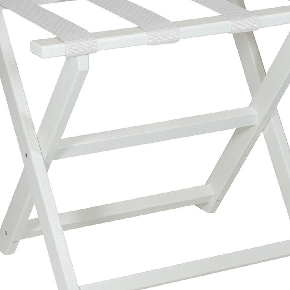 Earth Friendly White Folding Luggage Rack With White Straps on a white background