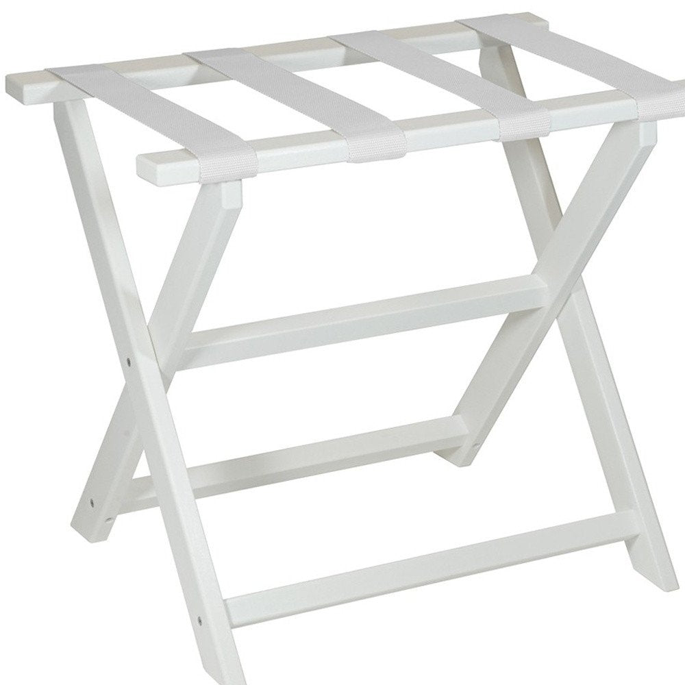 Earth Friendly White Folding Luggage Rack With White Straps on a white background