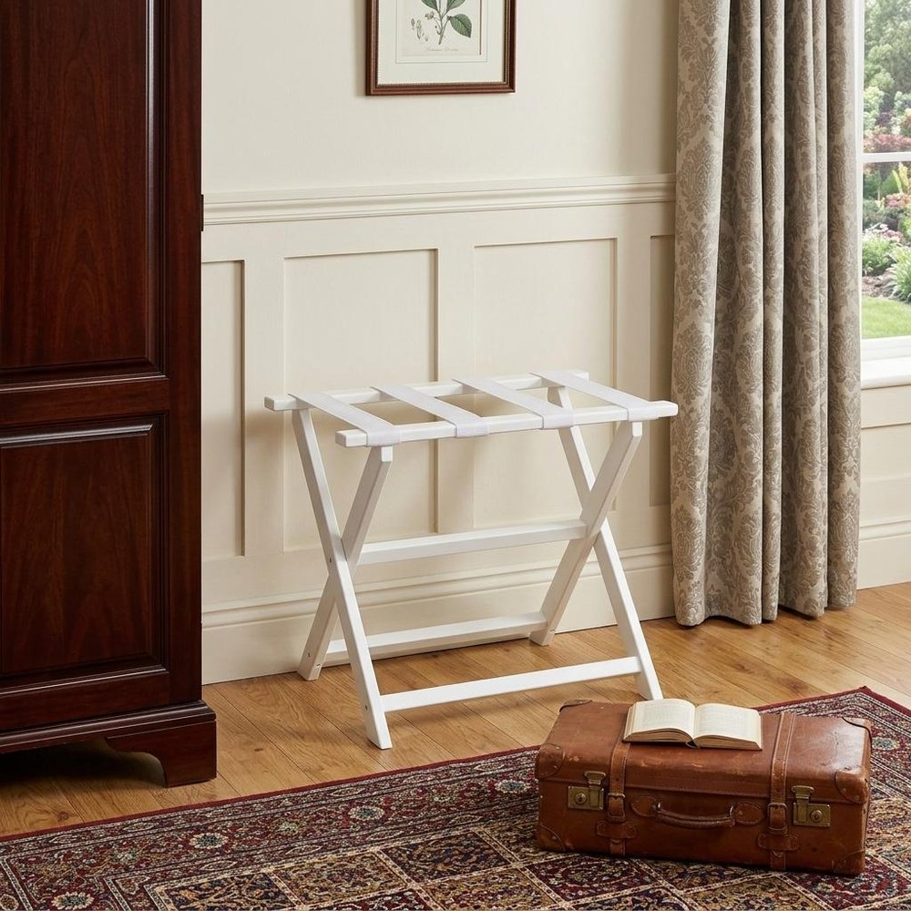 Earth Friendly White Folding Luggage Rack With White Straps in a home interior