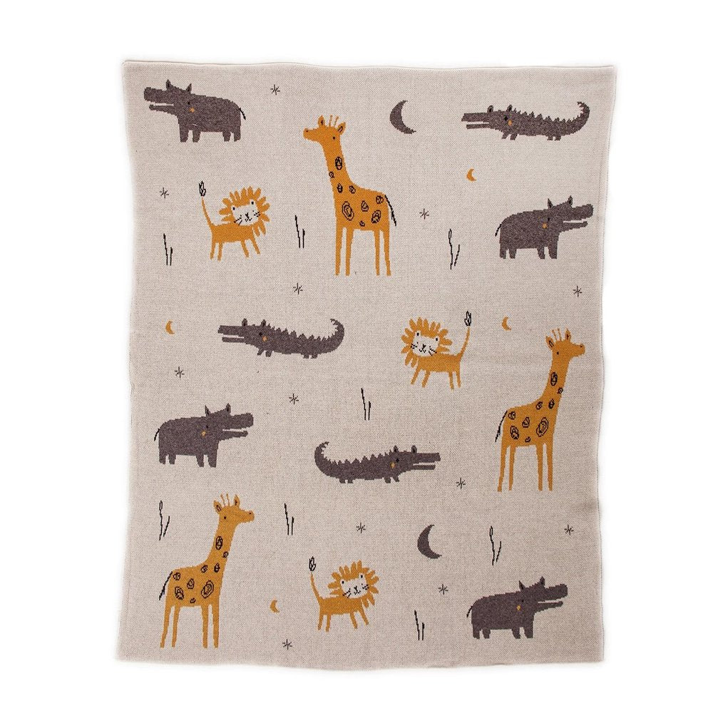 Zoo Animals Woven Knitted Baby Blanket on a white background