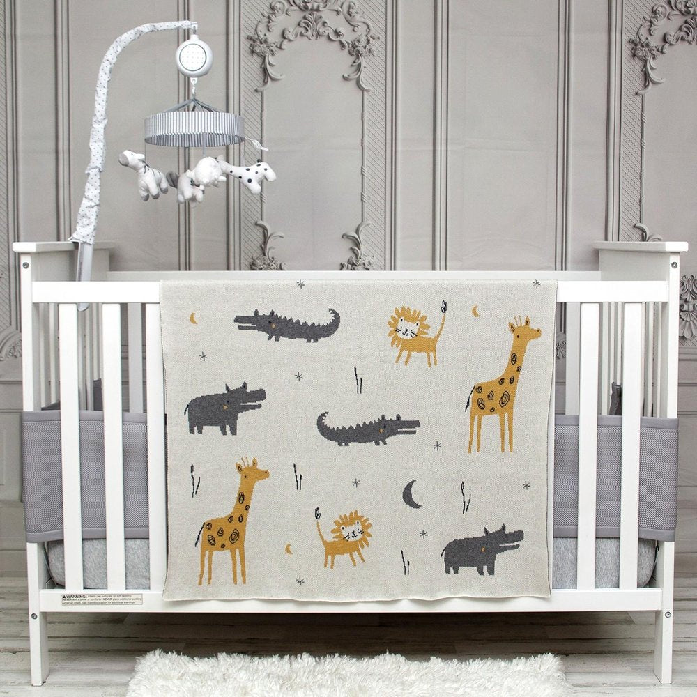 Zoo Animals Woven Knitted Baby Blanket on a white background