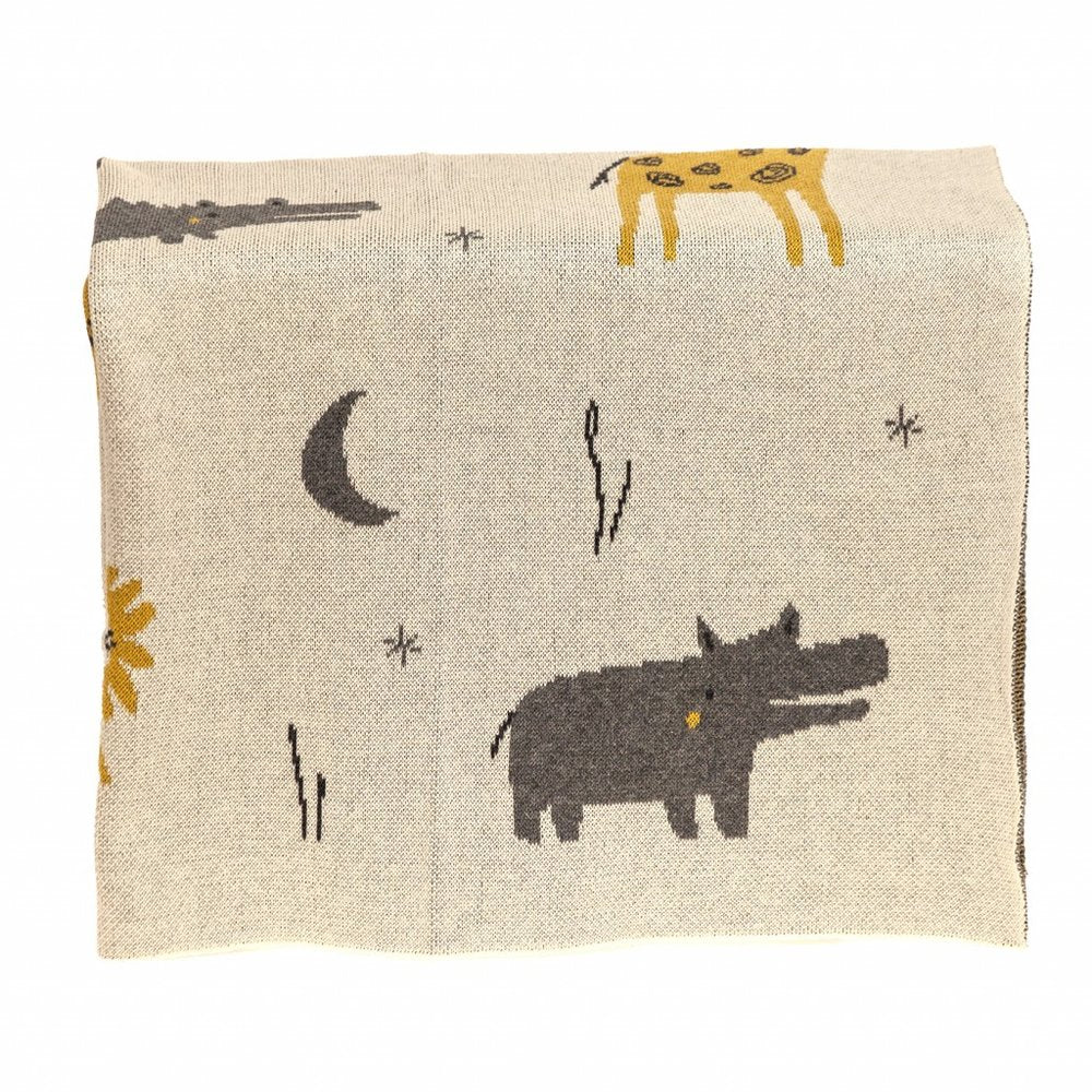 Zoo Animals Woven Knitted Baby Blanket on a white background