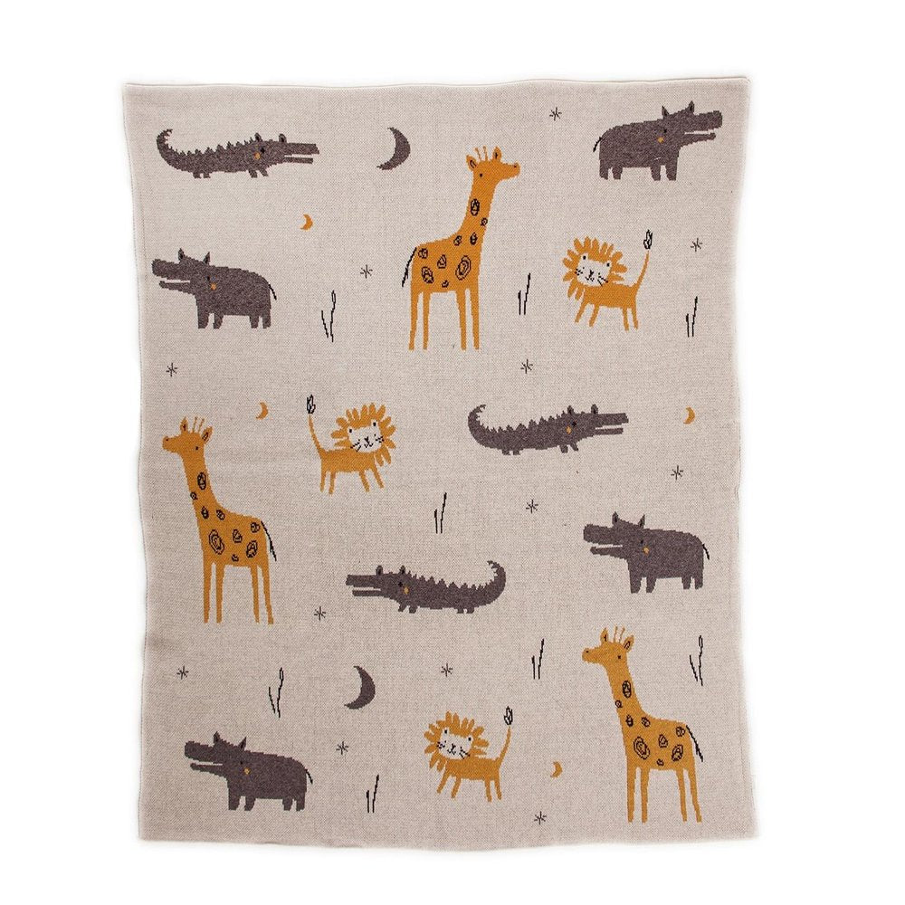 Zoo Animals Woven Knitted Baby Blanket on a white background