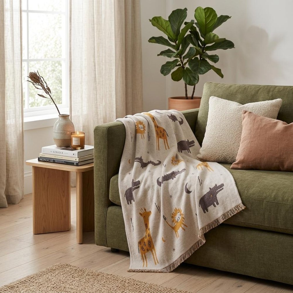 Zoo Animals Woven Knitted Baby Blanket in a home interior