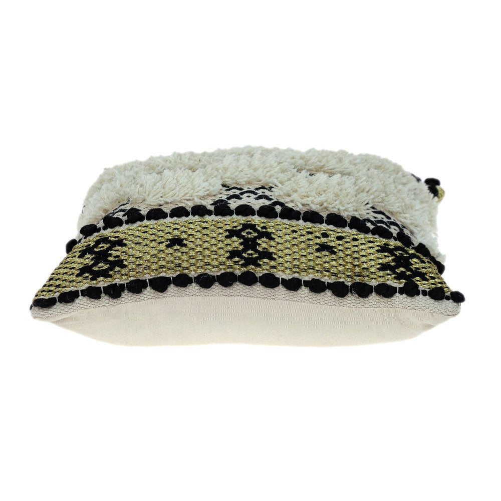 A shaggy woven throw pillow with cream, gold, and black geometric patterns on a white background.