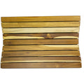 Brown teak slat bath mat with a non-slip surface on a white background.
