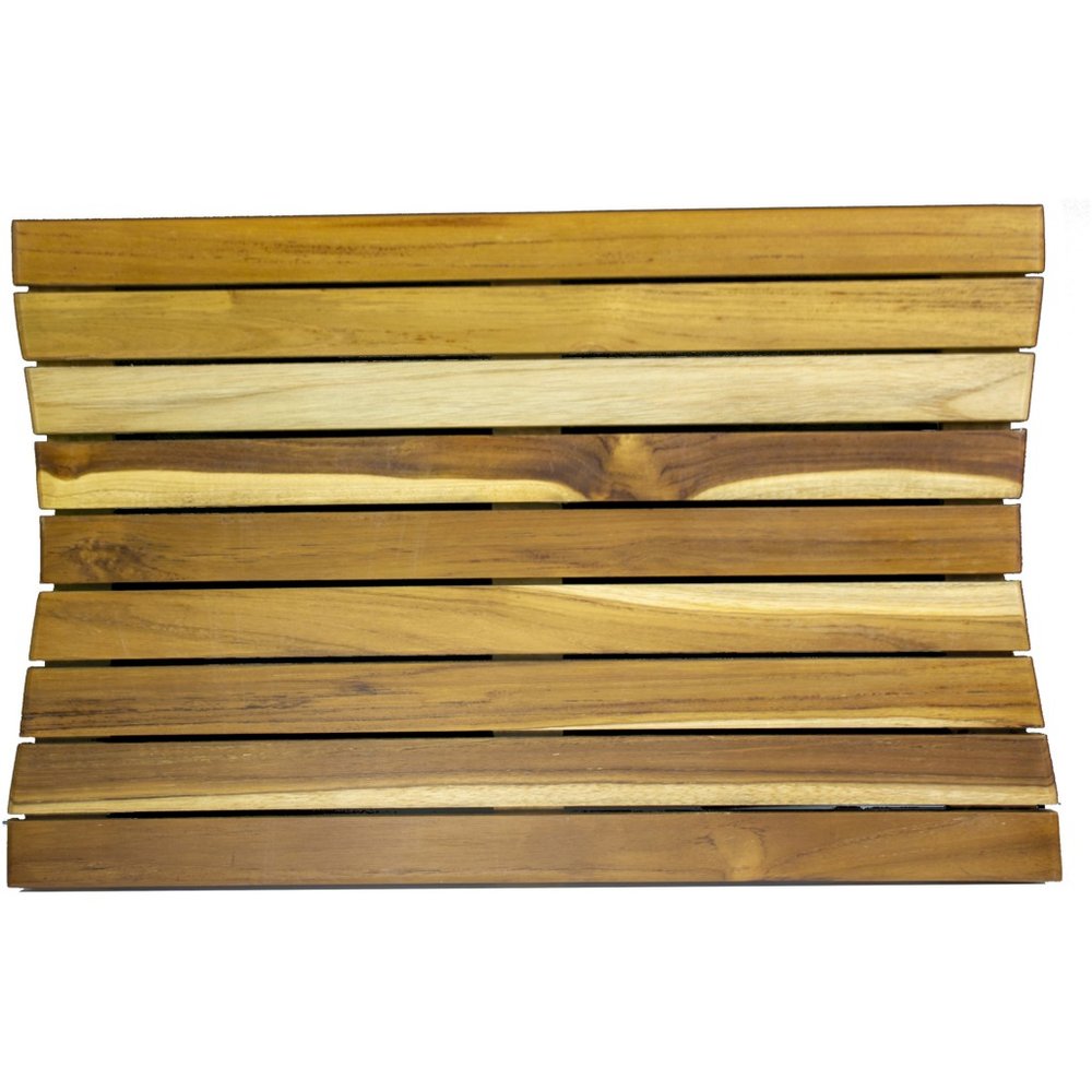 Brown teak slat bath mat with a non-slip surface on a white background.