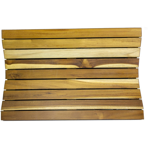Brown teak slat bath mat with a non-slip surface on a white background.