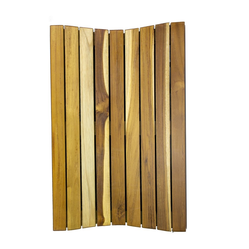 23" Brown Teak Slat Non Slip Bath Mat. Bath rug isolated on a plain white background, showing a brown teak surface.