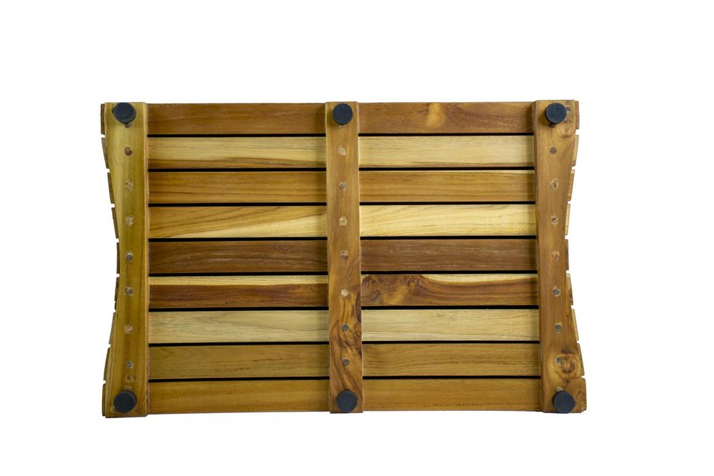 23" Brown Teak Slat Non Slip Bath Mat. Bath rug isolated on a plain white background, in a brown teak finish.