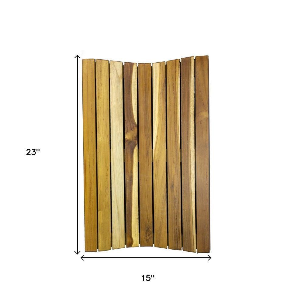 23" Brown Teak Slat Non Slip Bath Mat. Bath rug isolated on a plain white background, in a brown teak finish.