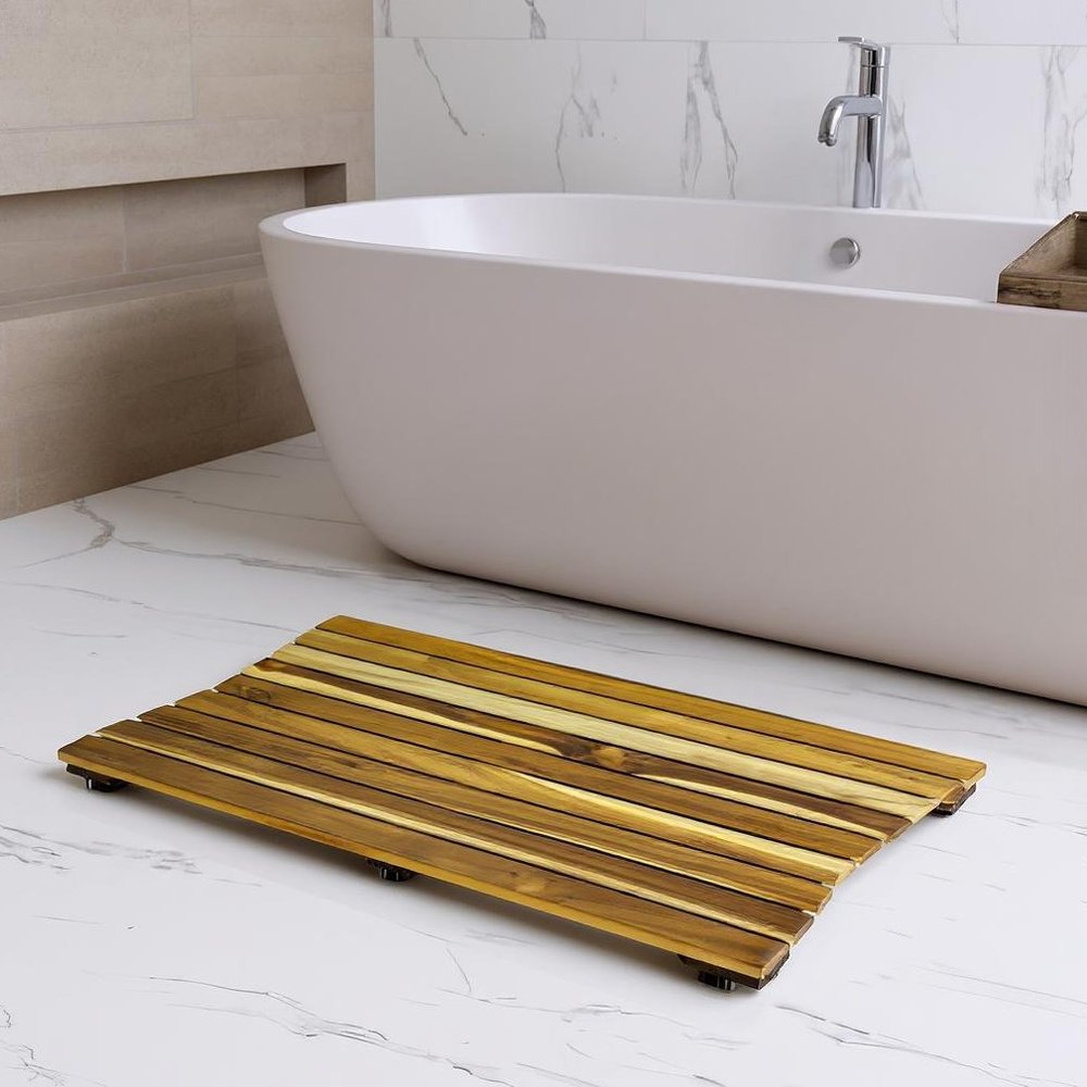 23" Brown Teak Slat Non Slip Bath Mat. Bath rug isolated on a plain white background, showing a teak surface.