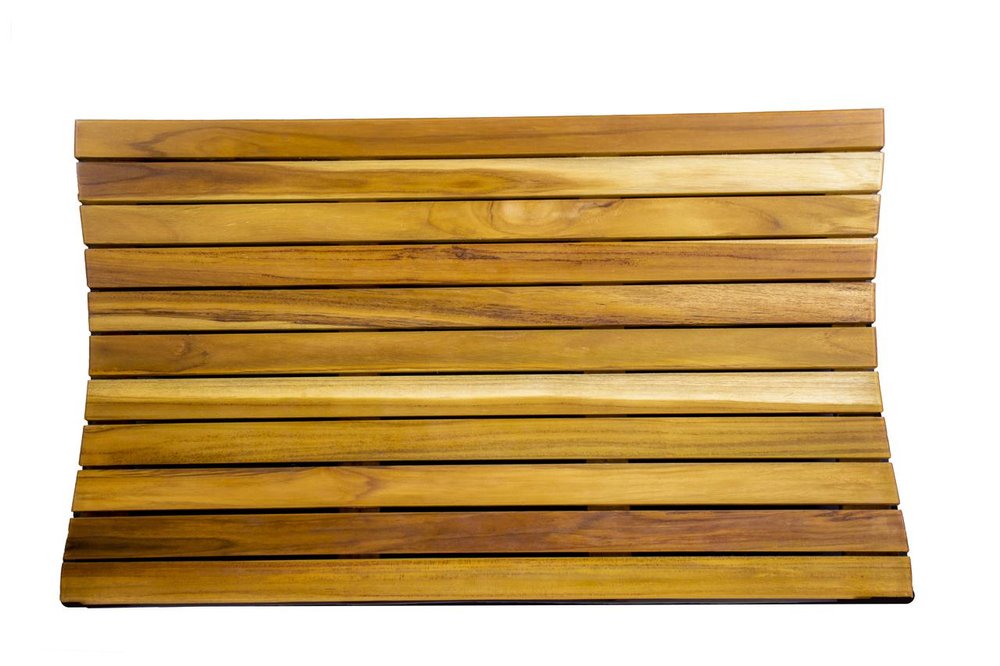 31" Brown Teak Slat Non Slip Bath Mat. Bath rug isolated on a plain white background, in a brown teak finish.