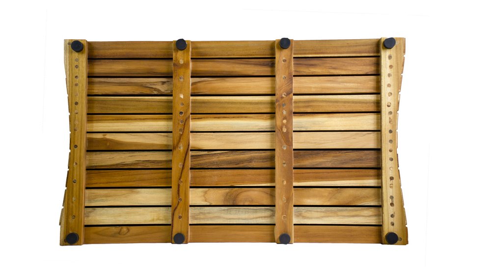 31" Brown Teak Slat Non Slip Bath Mat. Bath rug isolated on a plain white background, in a brown teak finish.
