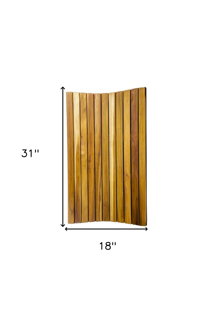 31" Brown Teak Slat Non Slip Bath Mat. Bath rug isolated on a plain white background, showing a brown teak surface.