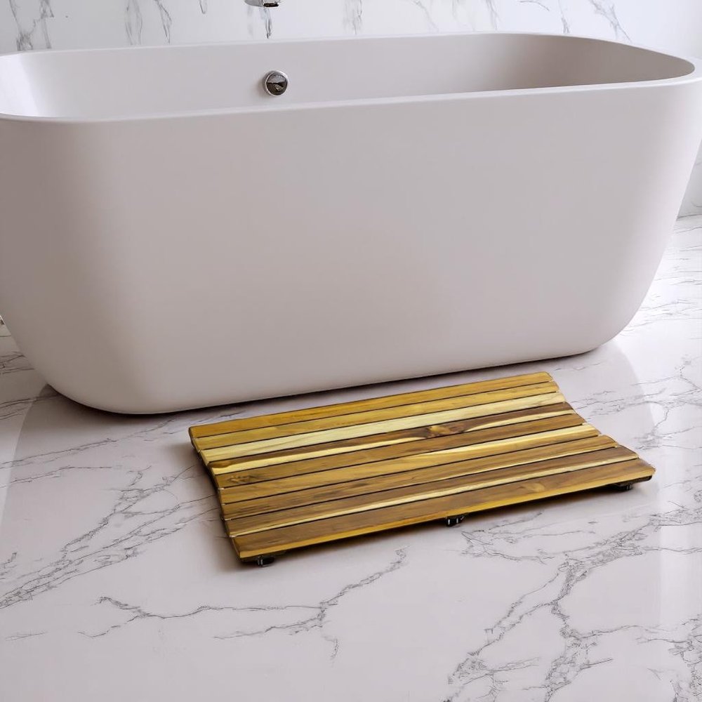 31" Brown Teak Slat Non Slip Bath Mat. Bath rug isolated on a plain white background, showing a teak surface.