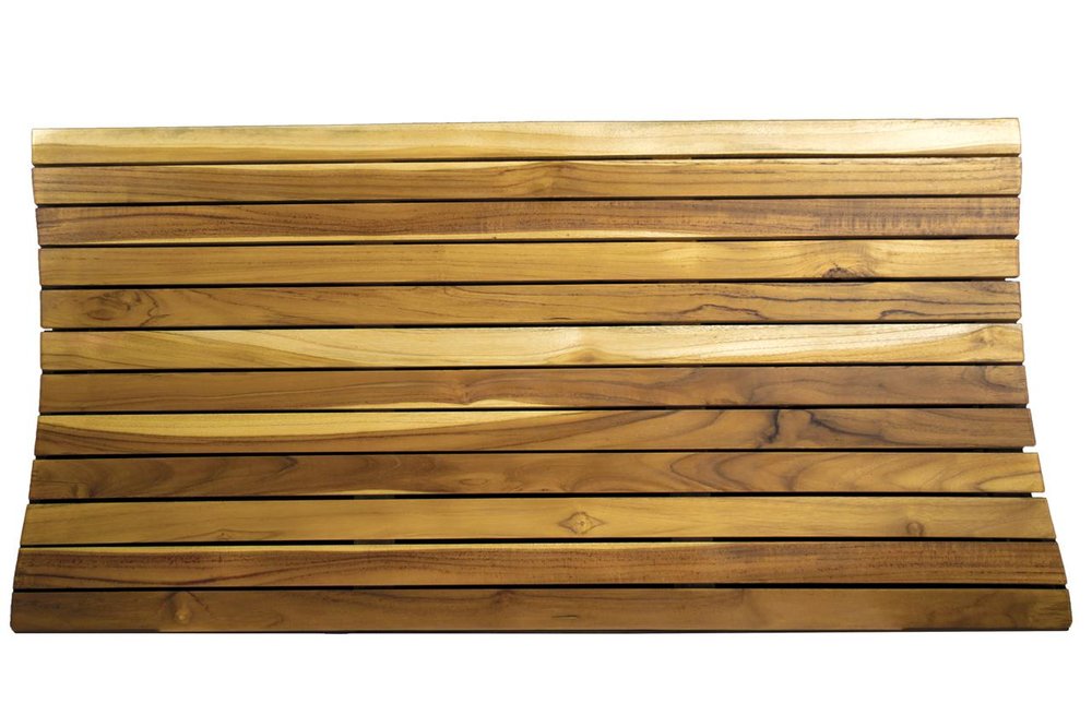 40" Brown Teak Slat Non Slip Bath Mat. Bath rug isolated on a plain white background, showing a brown teak surface.