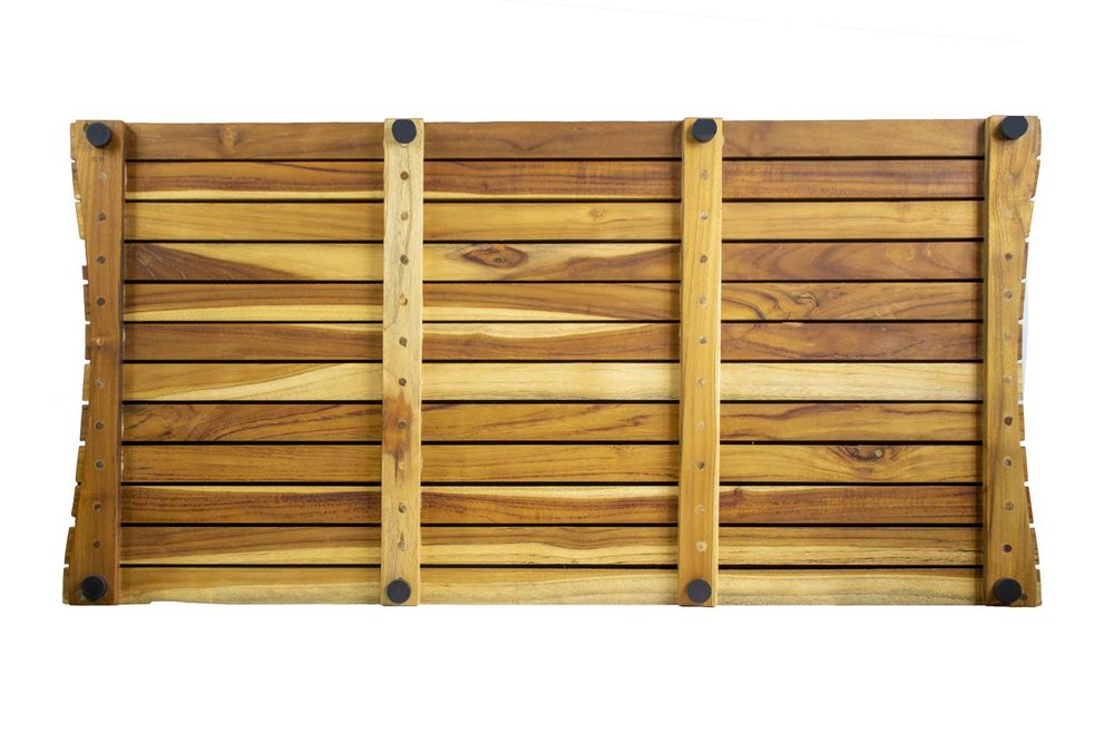 40" Brown Teak Slat Non Slip Bath Mat. Bath rug isolated on a plain white background, finished in brown teak.