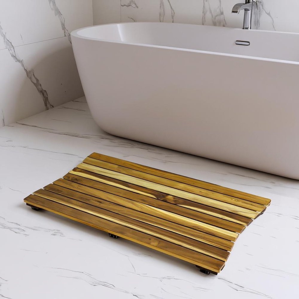 40" Brown Teak Slat Non Slip Bath Mat. Bath rug isolated on a plain white background, showing a teak surface.