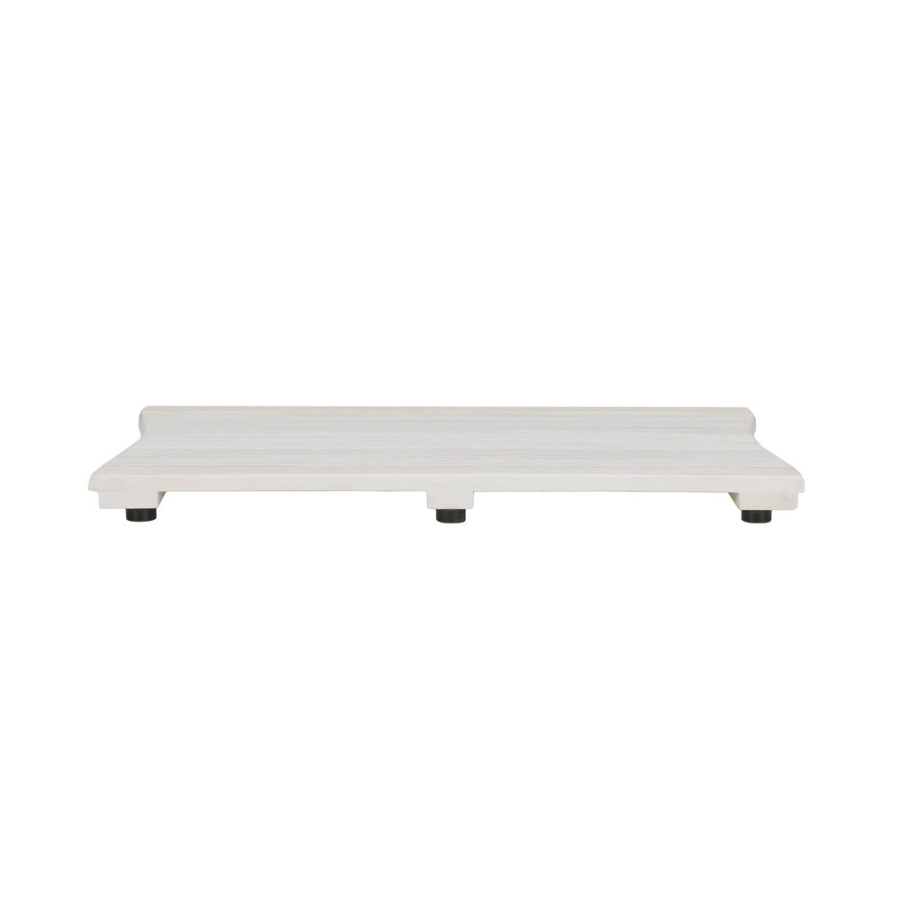 23" White Teak Slat Non Slip Bath Mat. Bath rug isolated on a plain white background, finished in white.