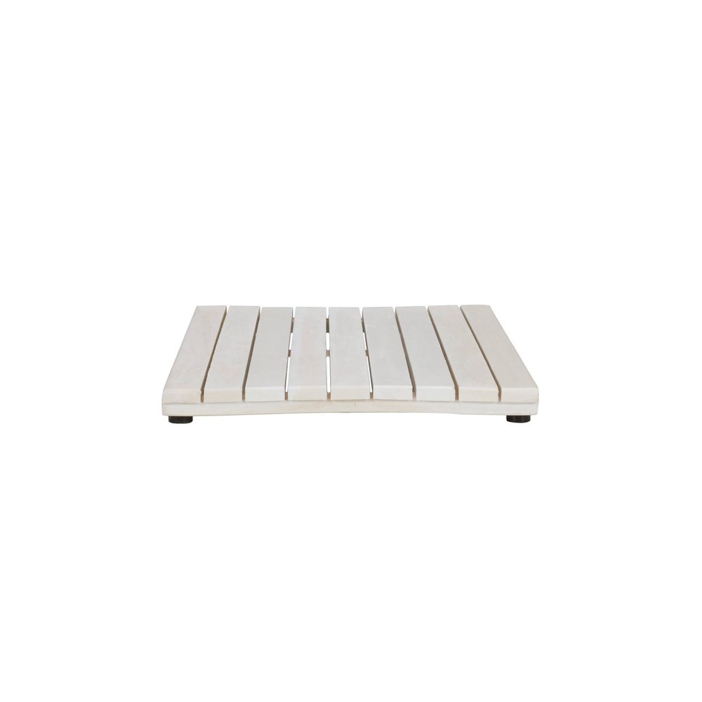 23" White Teak Slat Non Slip Bath Mat. Bath rug isolated on a plain white background, showing a white teak surface.