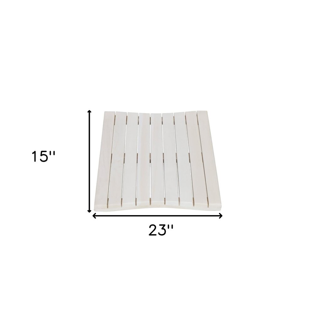 23" White Teak Slat Non Slip Bath Mat. Bath rug isolated on a plain white background, finished in white.