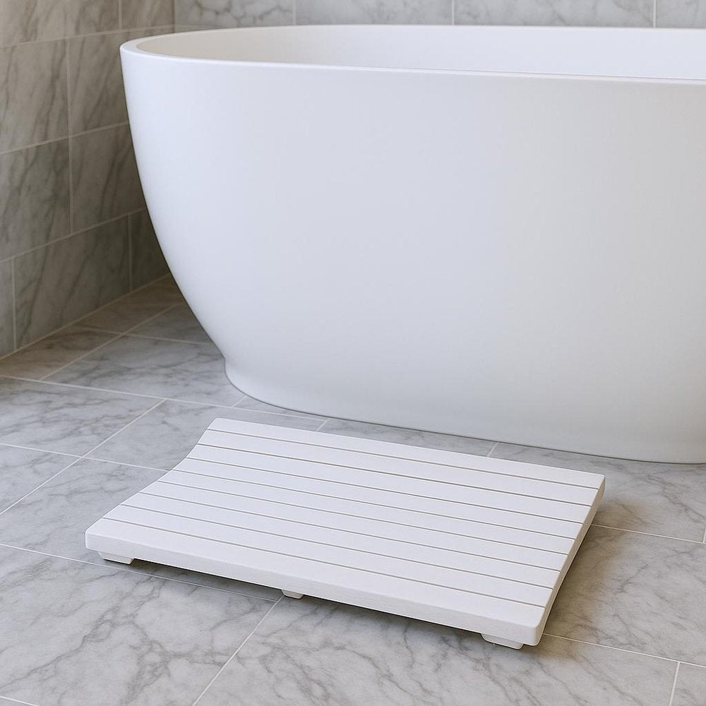 23" White Teak Slat Non Slip Bath Mat. Bath rug isolated on a plain white background, showing its white color.