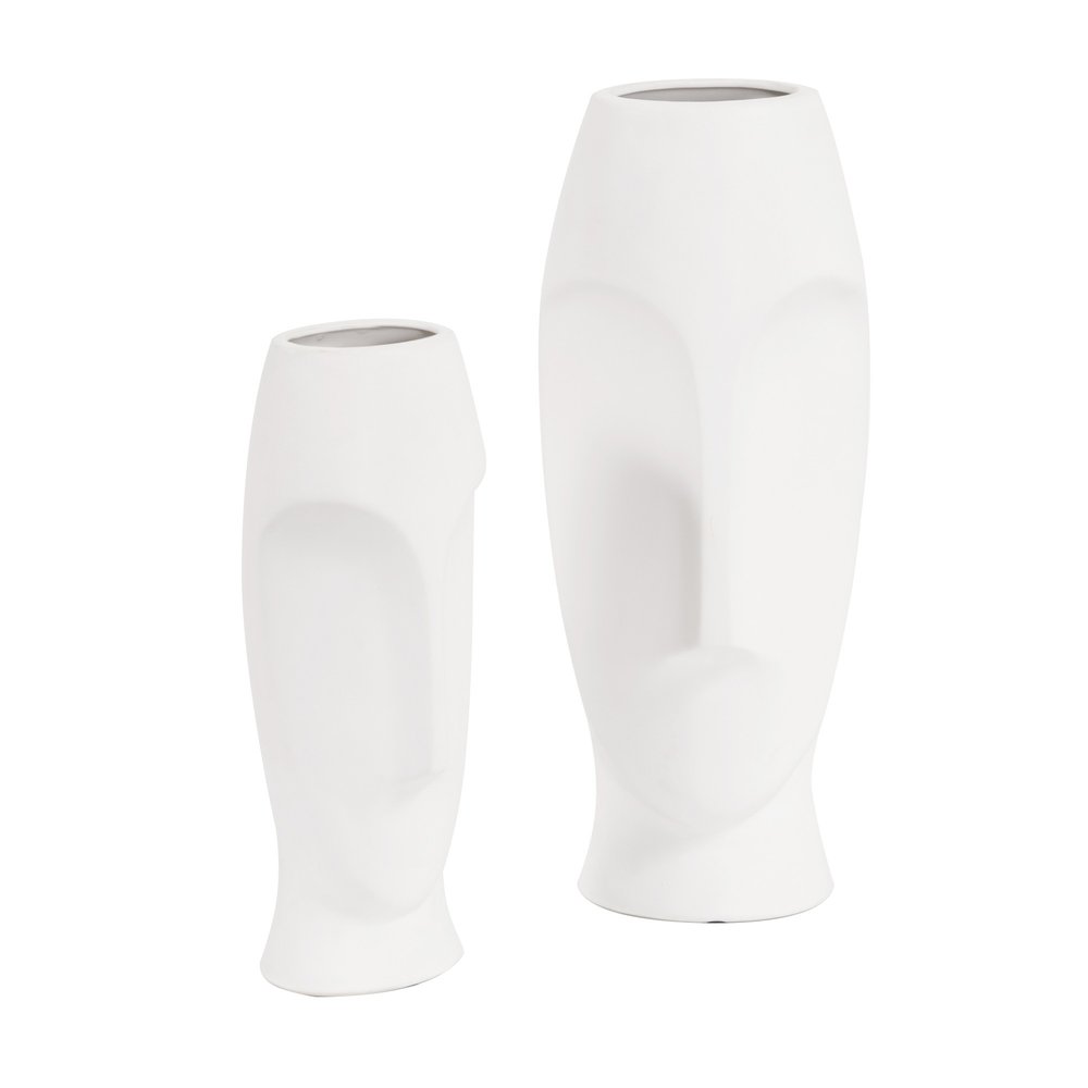 Set of Two Ceramic White Cylinder Table Vases on a white background