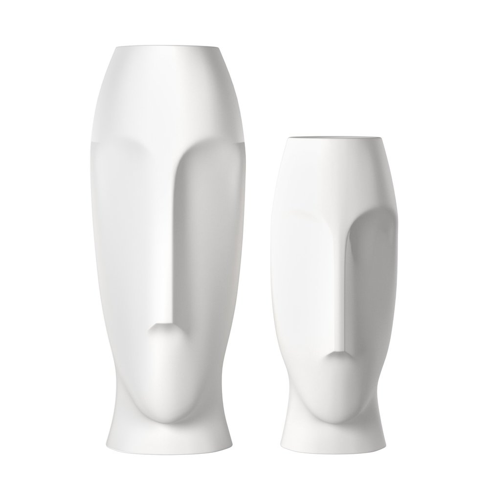 Set of Two Ceramic White Cylinder Table Vases on a white background