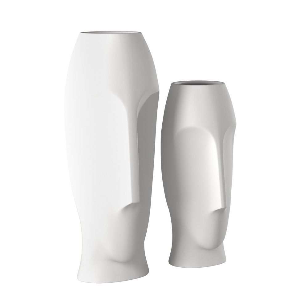 Set of Two Ceramic White Cylinder Table Vases on a white background