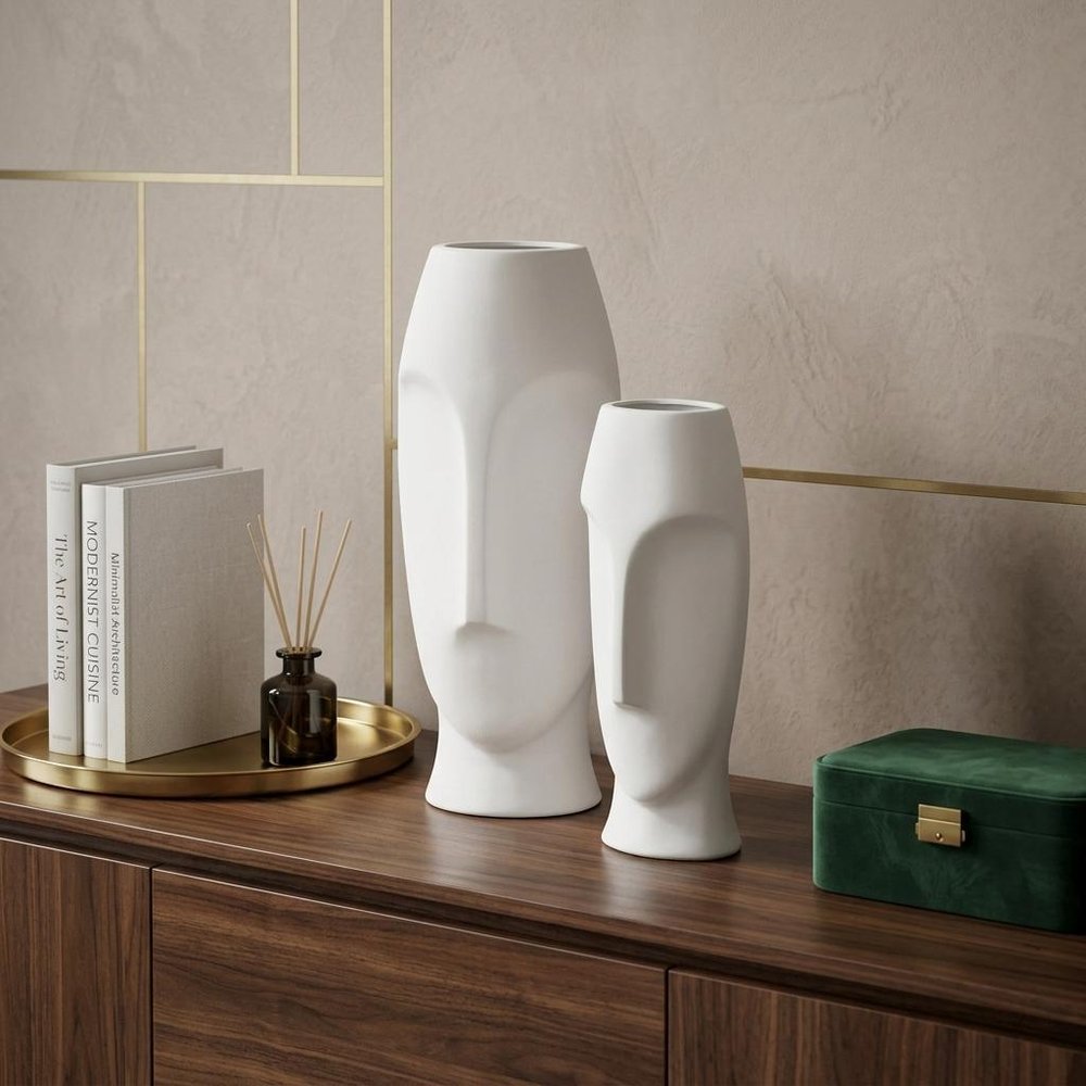 Set of Two Ceramic White Cylinder Table Vases in a home interior