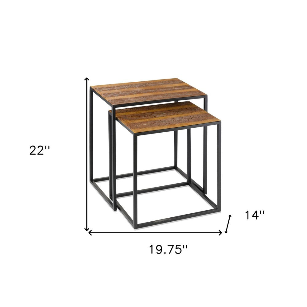 Set of Two Brown and Black Metal And Faux Snake Leather Nesting End Tables on a white background