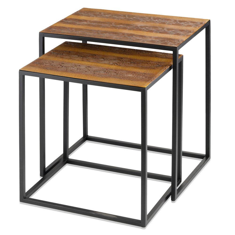 Set of Two Brown and Black Metal And Faux Snake Leather Nesting End Tables on a white background