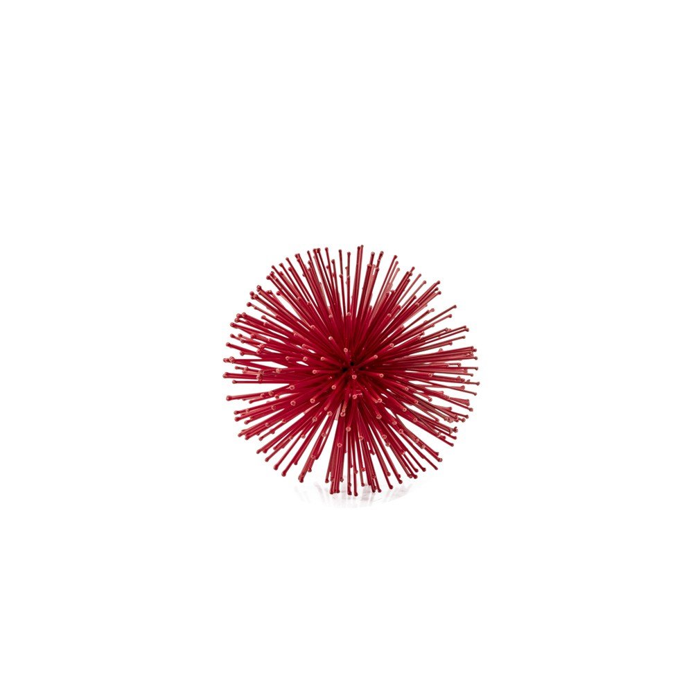 6" Red Metal Spiky Sphere. Sculpture isolated on a plain white background, in a red metal finish.
