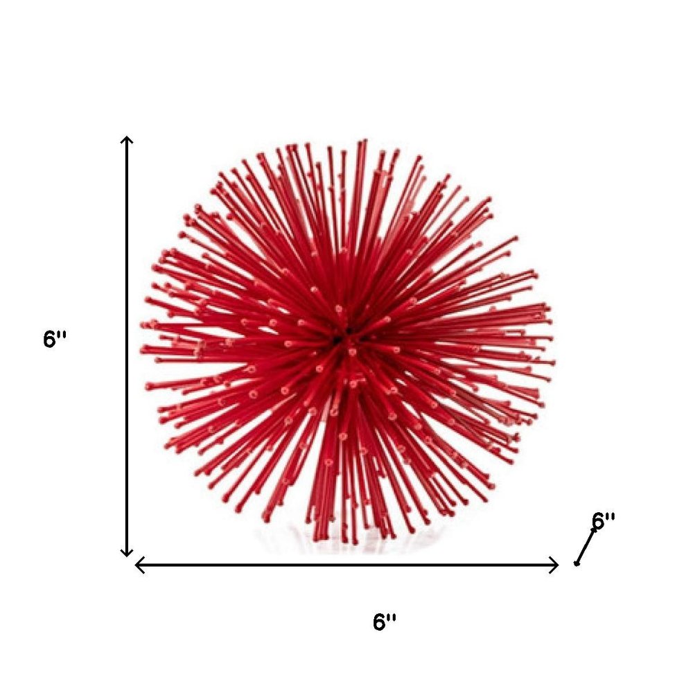 6" Red Metal Spiky Sphere. Sculpture isolated on a plain white background, in a red metal finish.