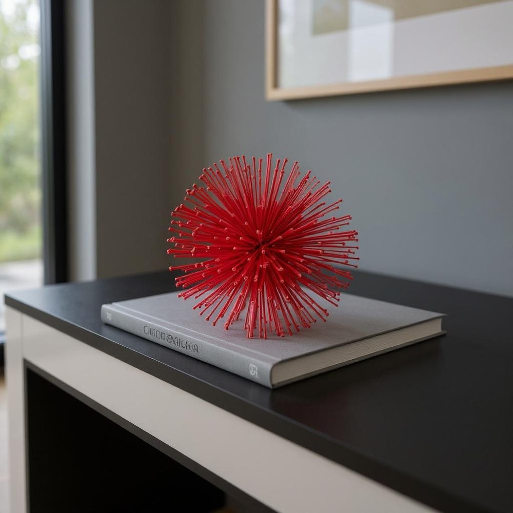 6" Red Metal Spiky Sphere displayed on a tabletop in a furnished interior against a light gray wall.