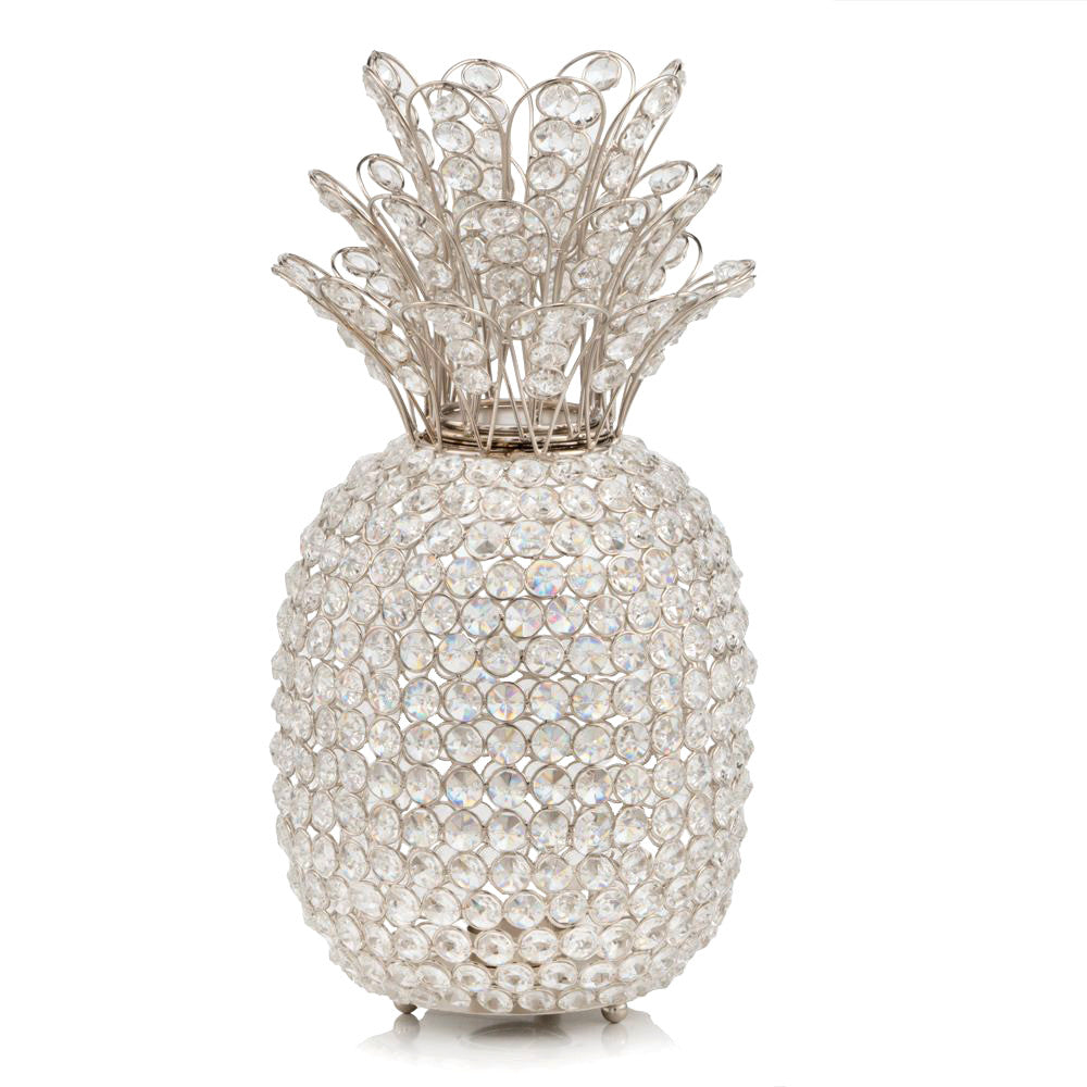 15" Silver Faux Crystal Decorative Pineapple. Home product isolated on a plain white background, finished in silver crystal.