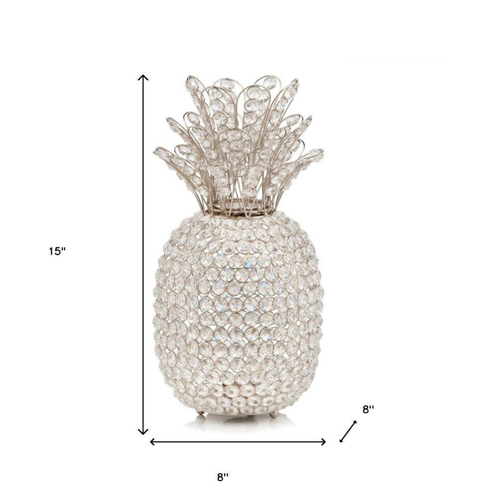 15" Silver Faux Crystal Decorative Pineapple. Home product isolated on a plain white background, finished in silver crystal.
