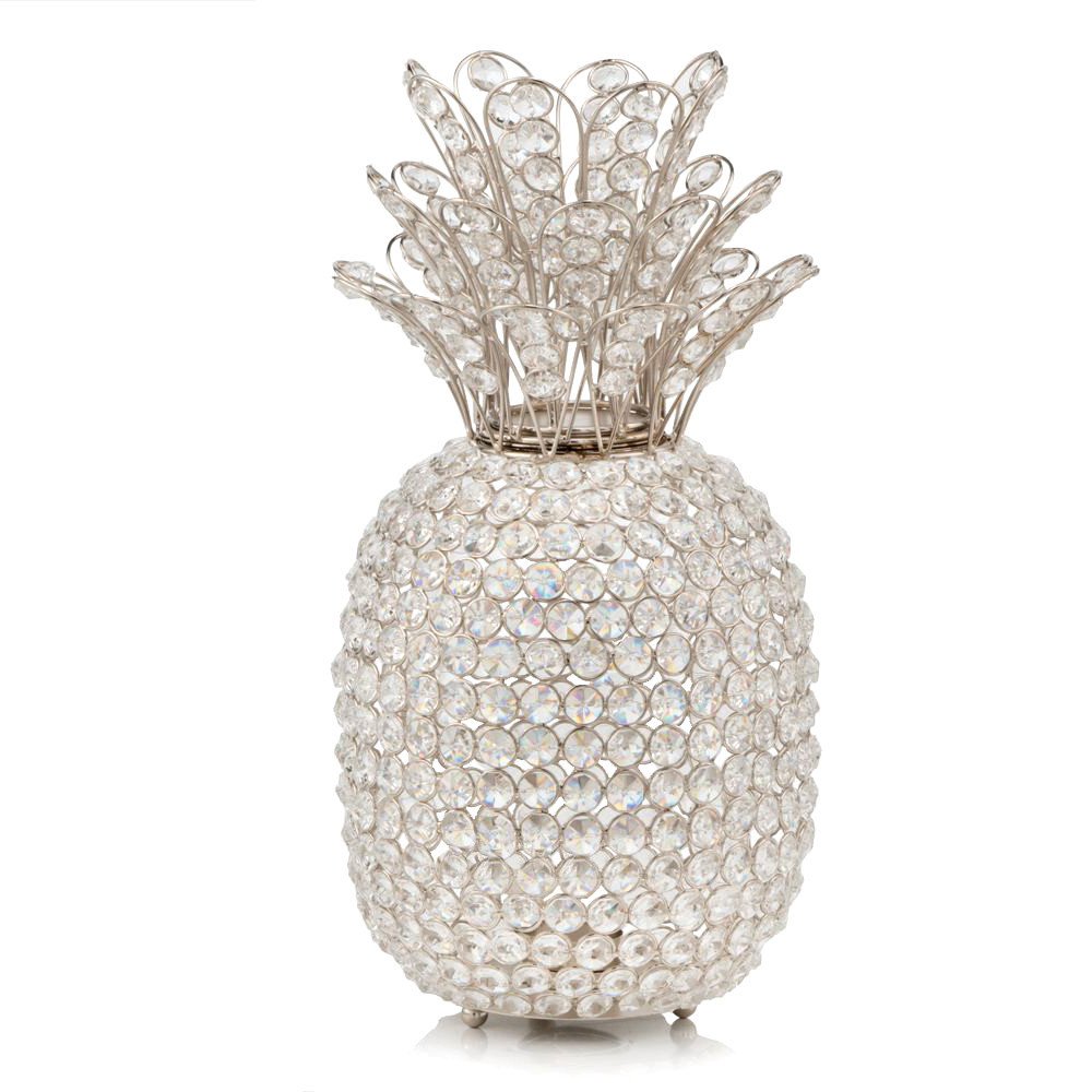 15" Silver Faux Crystal Decorative Pineapple. Home product isolated on a plain white background, showing a crystal surface.