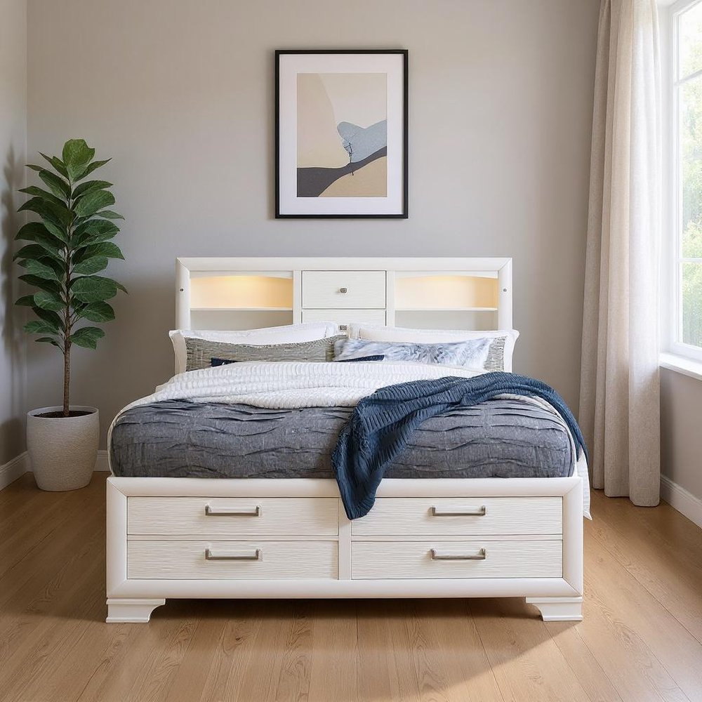 White Solid Wood Lighted Full Bed Frame With Drawers in a home interior