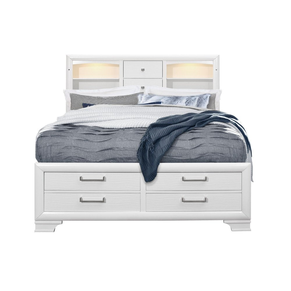 White Solid Wood Lighted King Bed Frame With Drawers on a white background