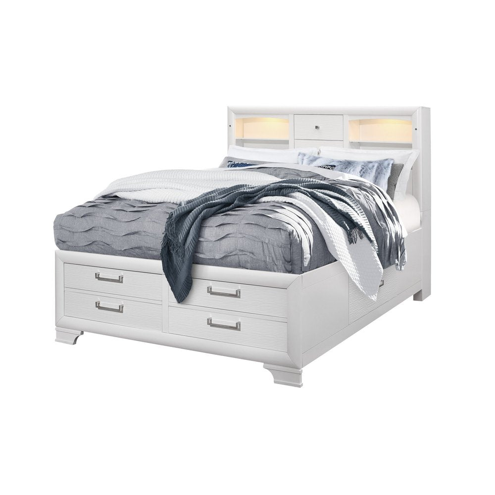 White Solid Wood Lighted King Bed Frame With Drawers on a white background