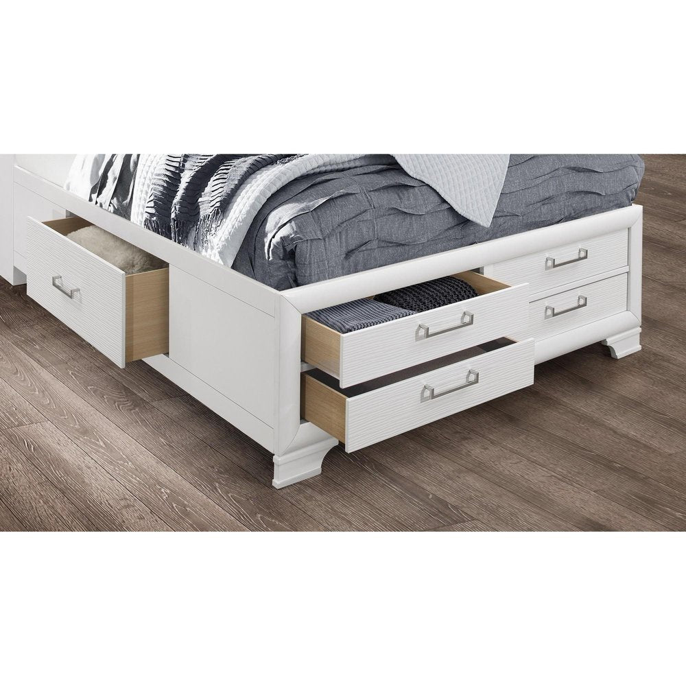 White Solid Wood Lighted King Bed Frame With Drawers on a white background